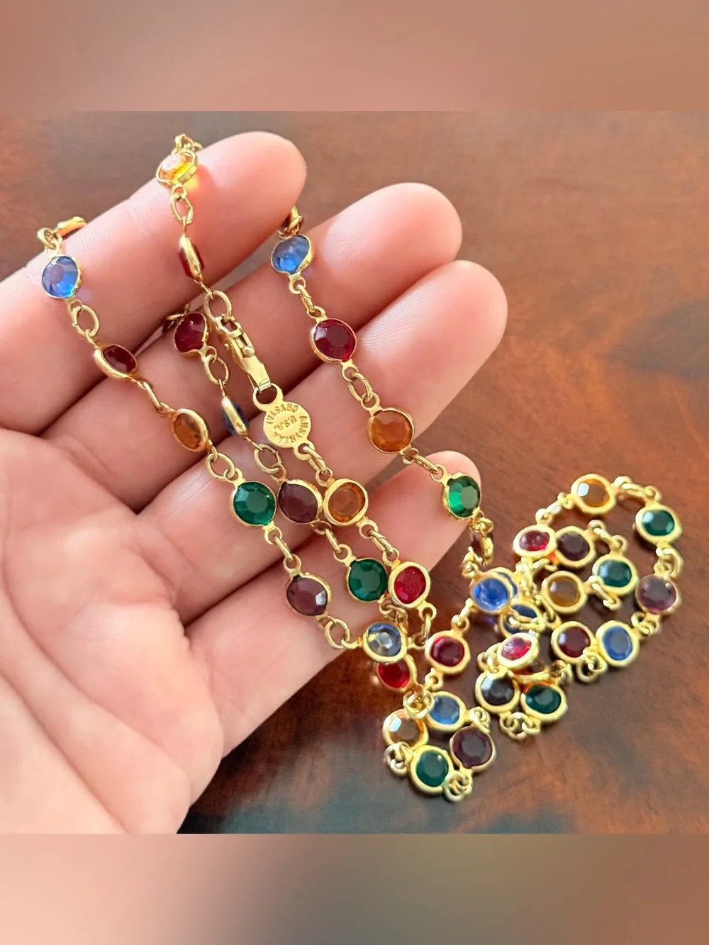 Vintage Austrian Crystal Multicolor Station Necklace; Gold Tone; Made in USA